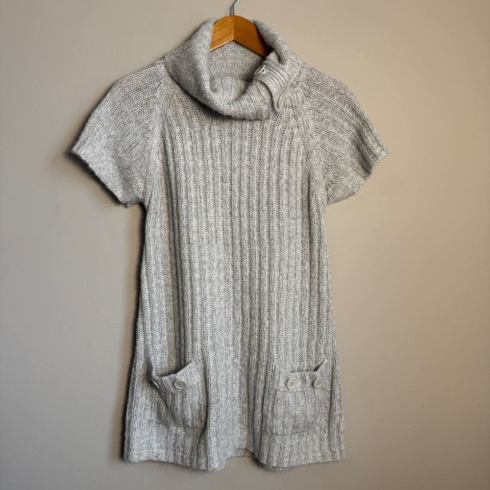 Knit Set Collection Short Sleeve Cowl Neck Tunic Sweater Pockets Gray Size Large